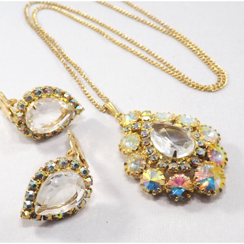 Vintage AB Rhinestone Pendant Necklace Earrings Set Clear Teardrop